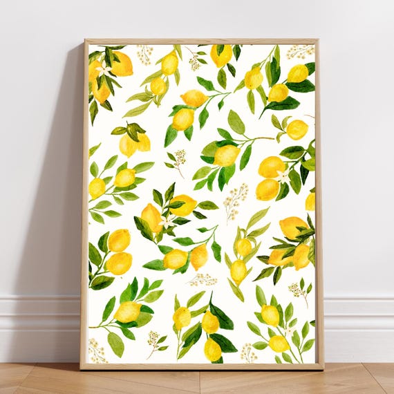 Lemon Print Italian Decor Bathroom Wall Art Summer Kitchen Mediterranean Watercolor Floral Poster
