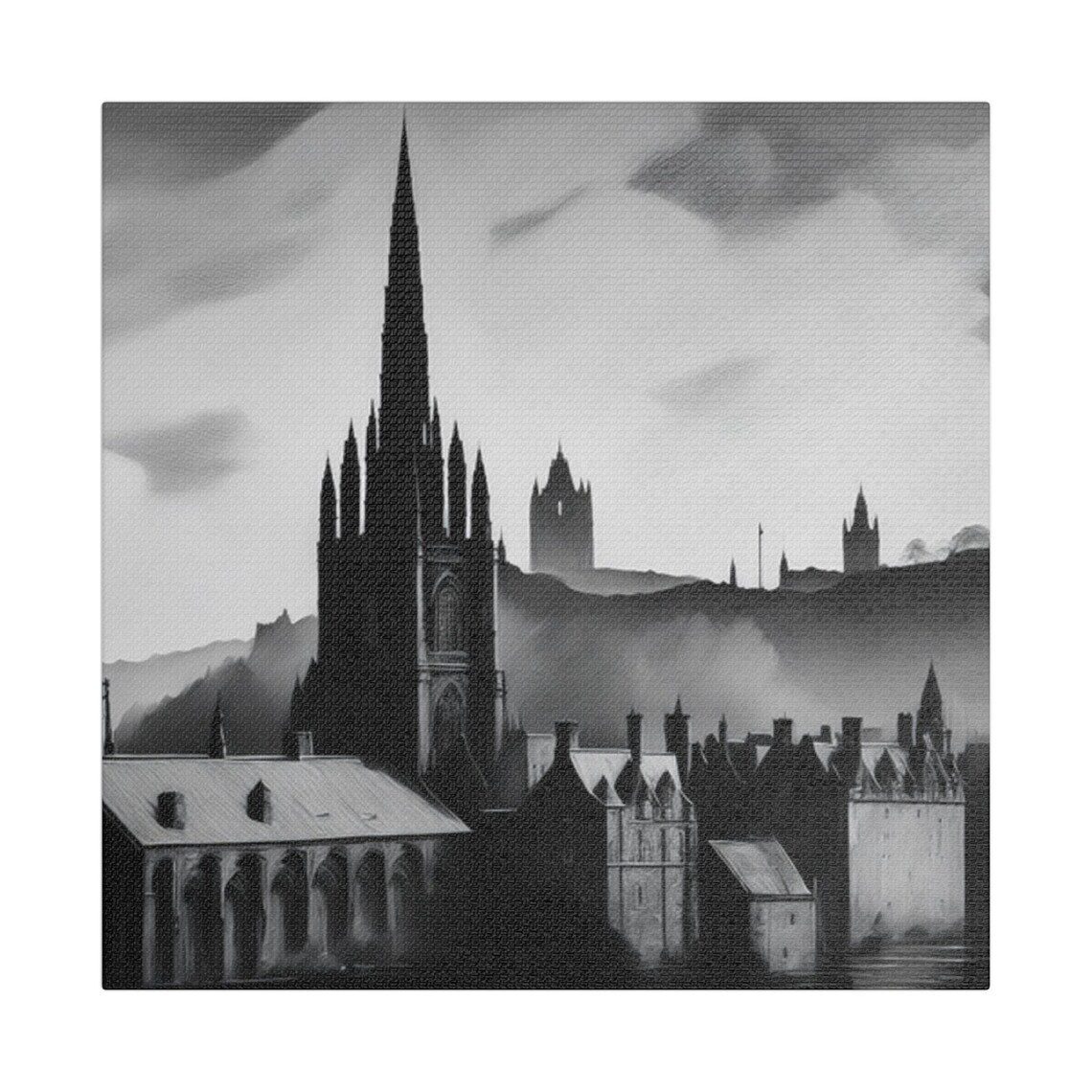 Black And White Scenic Cityscape, Gothic Architecture Art Print - Image 3