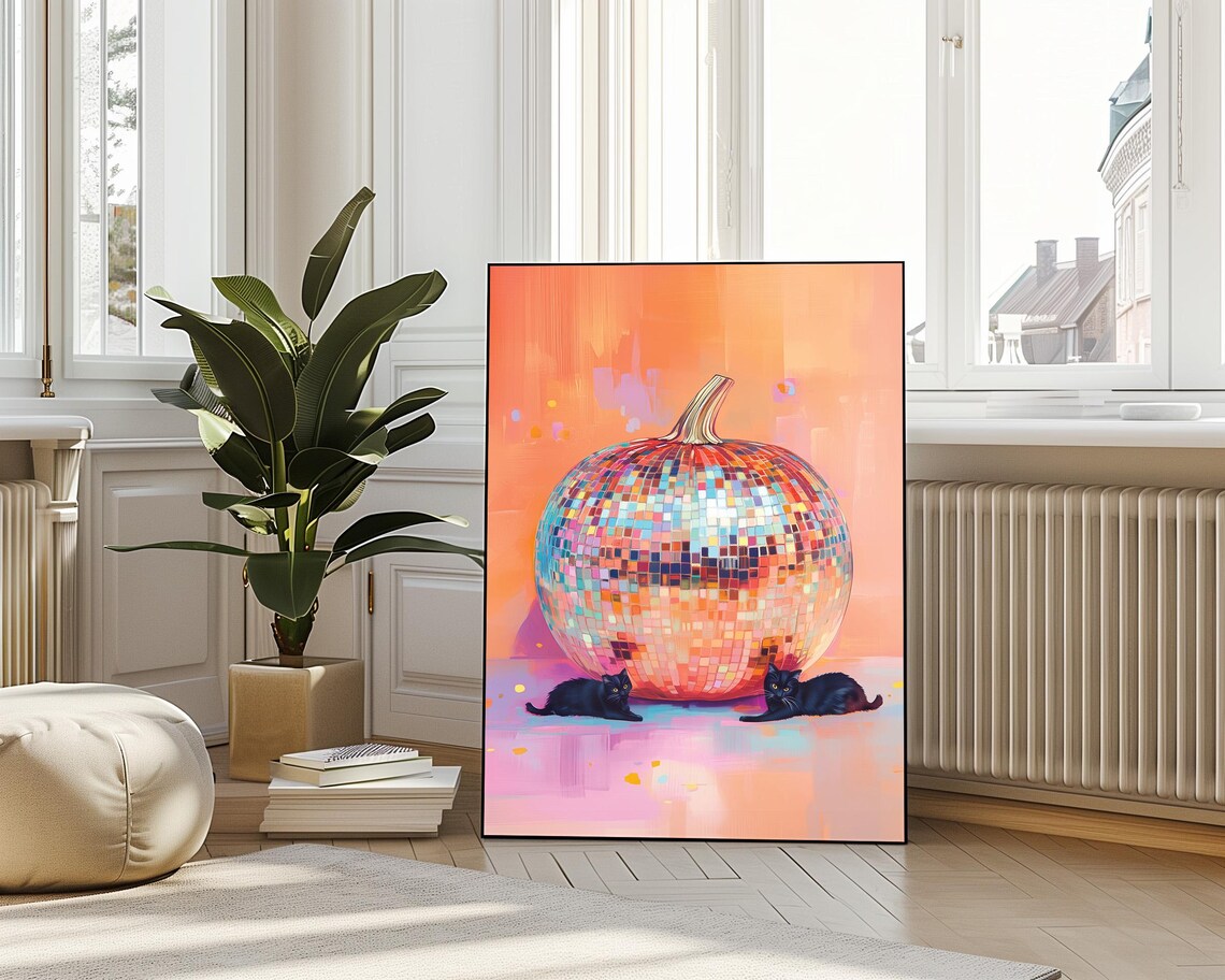 Rainbow Disco Ball Pumpkin Black Cats Halloween Glam Sparkle Fall Poster - Image 3