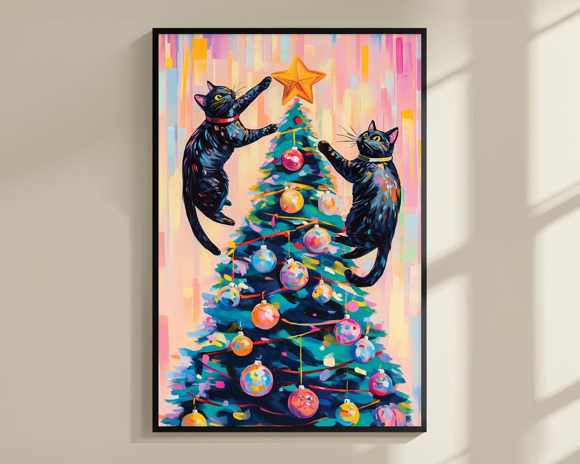 Black Cats Catching Christmas Tree Black Cat Poster Print Christmas Print Xmas Poster Funny Animal Print Vivid Oil Painting Cat Xmas - Image 3