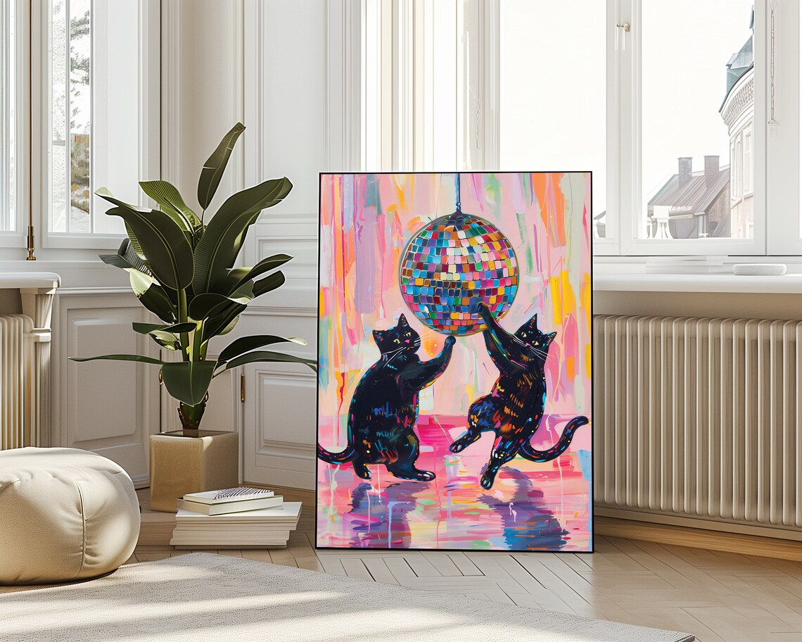 Black Cats Catching Disco Ball Poster Print - Image 4