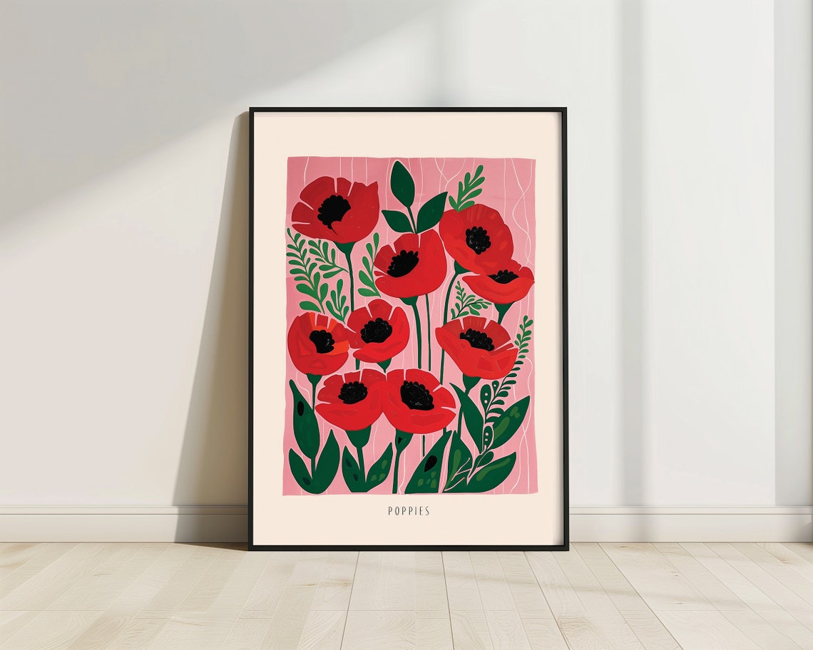 Red Poppies Botanical Flower Illustration Minimalist Wall Art