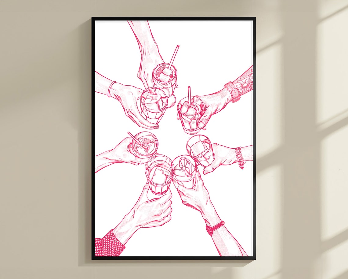 Cheers Hands Pink Cocktail Toast Friends Celebration Sketch Poster - Image 2