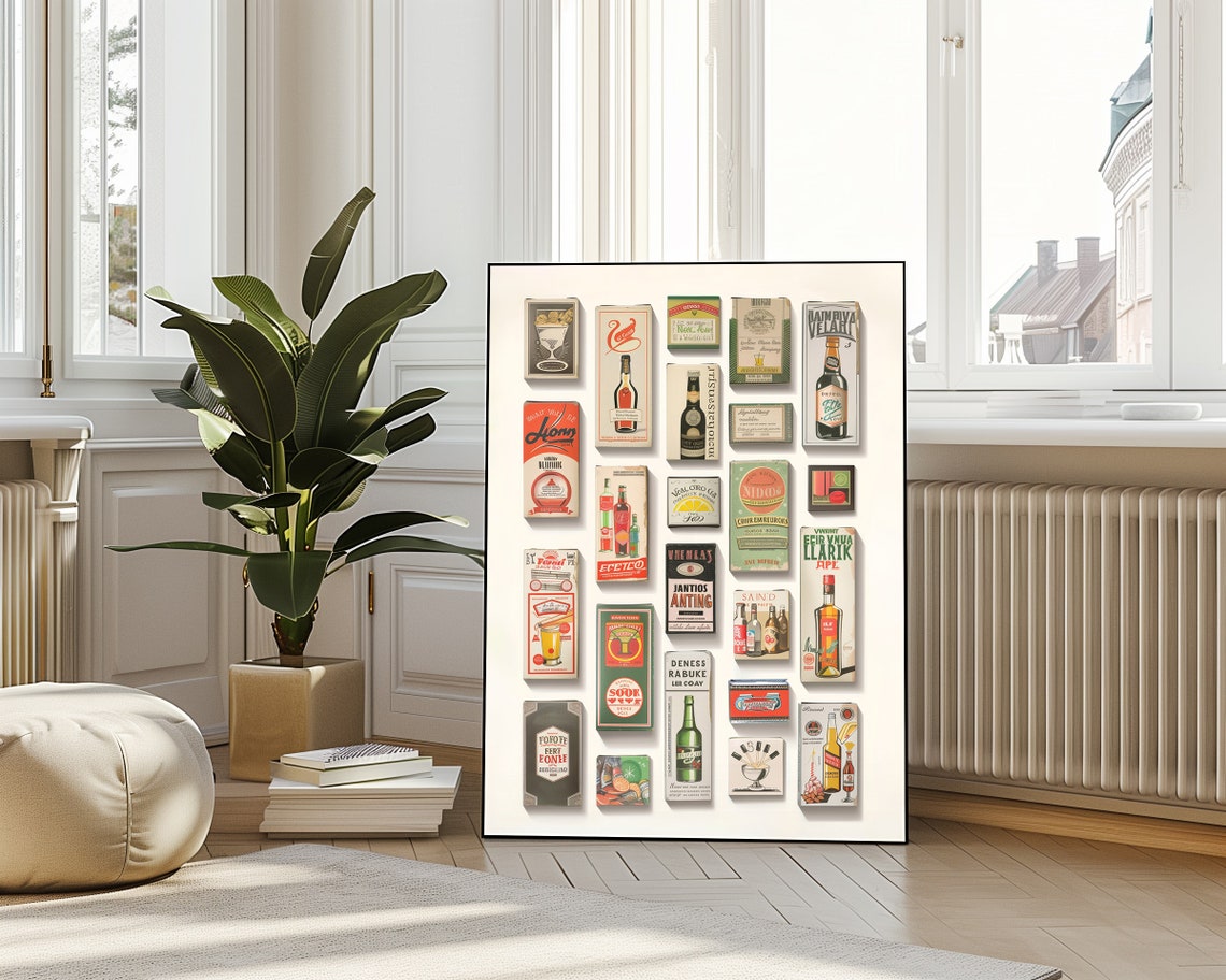 Retro Matchbox Bottle Label Grid Vintage Cocktail Decor Bar Wall Print - Image 4