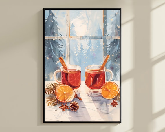 Mulled Wine Winter Window Snowy Pines Cozy Holiday Drink Poster