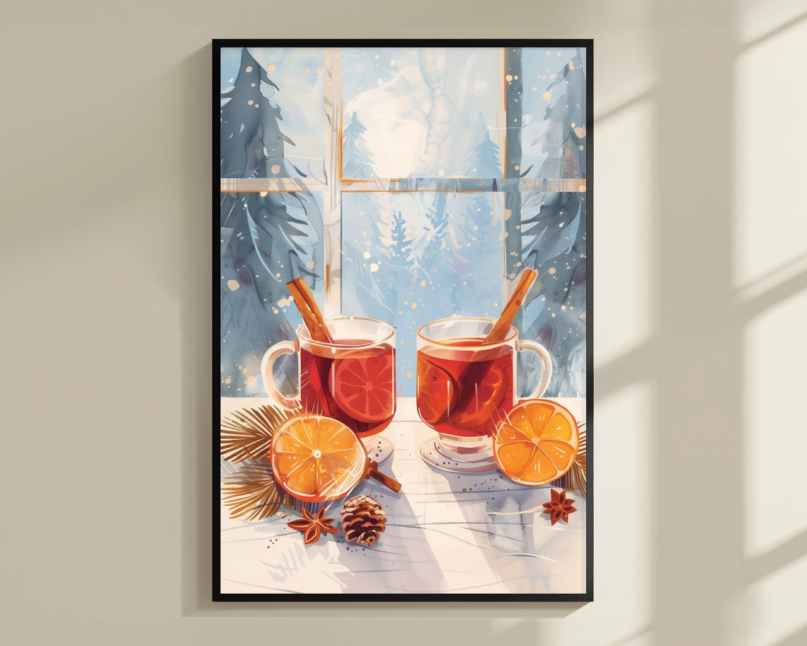 Mulled Wine Winter Window Snowy Pines Cozy Holiday Drink Poster