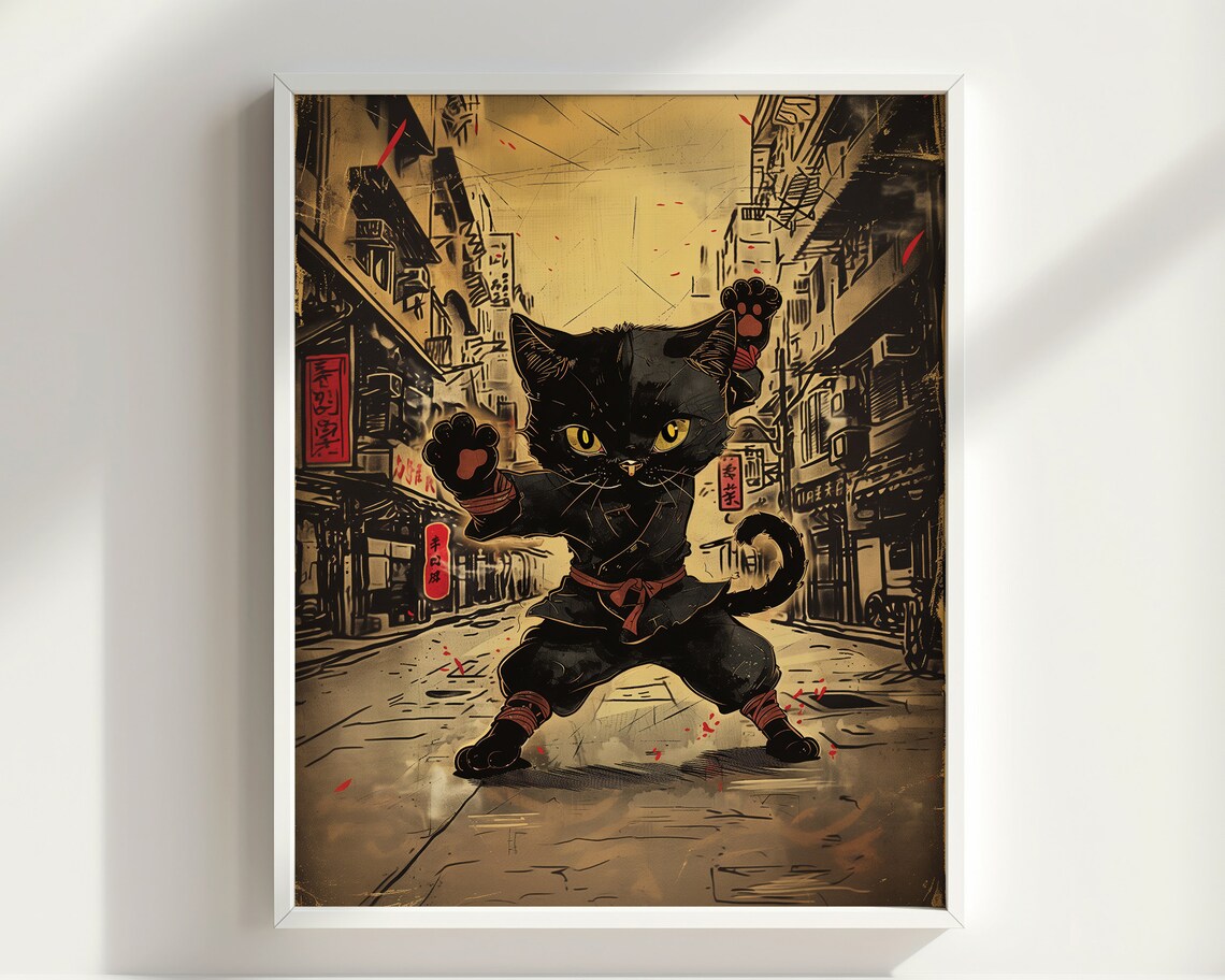 Ninja Black Cat Martial Arts Vintage Street Anime Warrior Feline Poster - Image 2