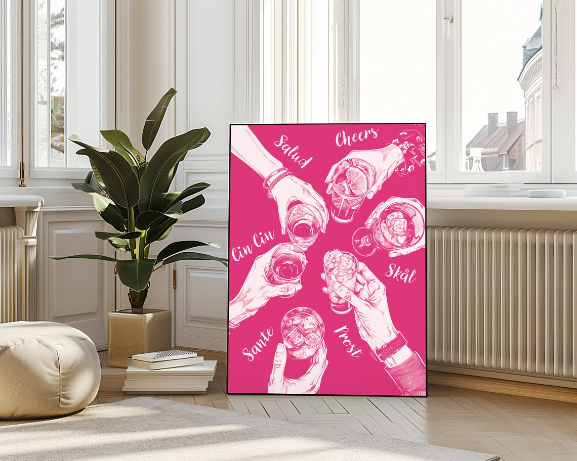 Cheers Hands Pink Toast Salud Skol Prost Multilingual Bar Poster - Image 4