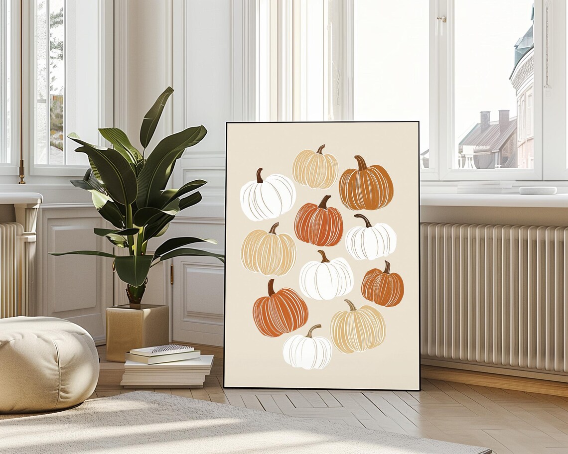 Hand Drawn Pumpkin Set Neutral Beige White Orange Fall Autumn Decor Poster - Image 3