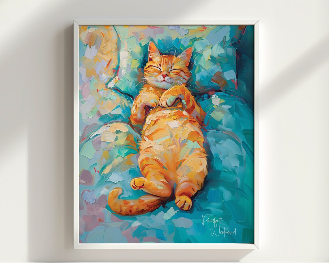 Ginger Cat Sleeping Art Print, Funny Cat Wall Decor - Image 2