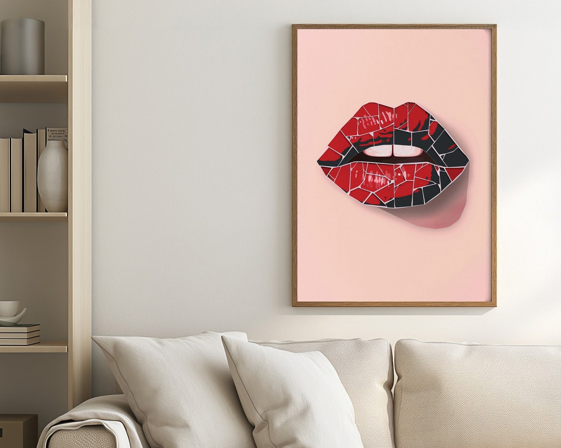 Red Mosaic Tile Lips Pink Pop Art Glam Modern Bold Beauty Poster - Image 2