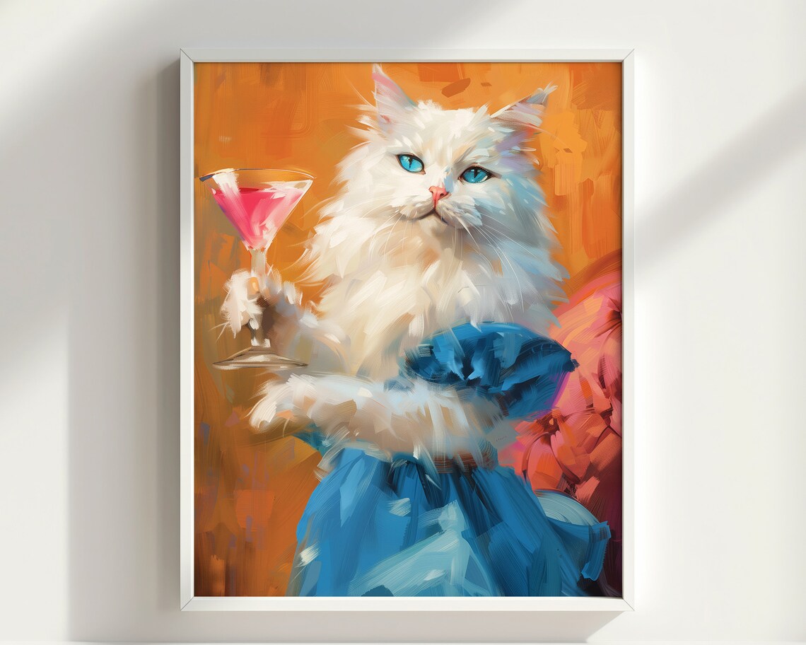 White Cat Cheers Cocktail Funny Feline Toast Vivid Oil Painting Poster - Image 2