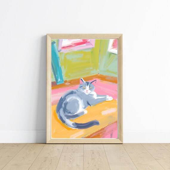 Sleepy Grey Kitty, Cat Portrait Art Print