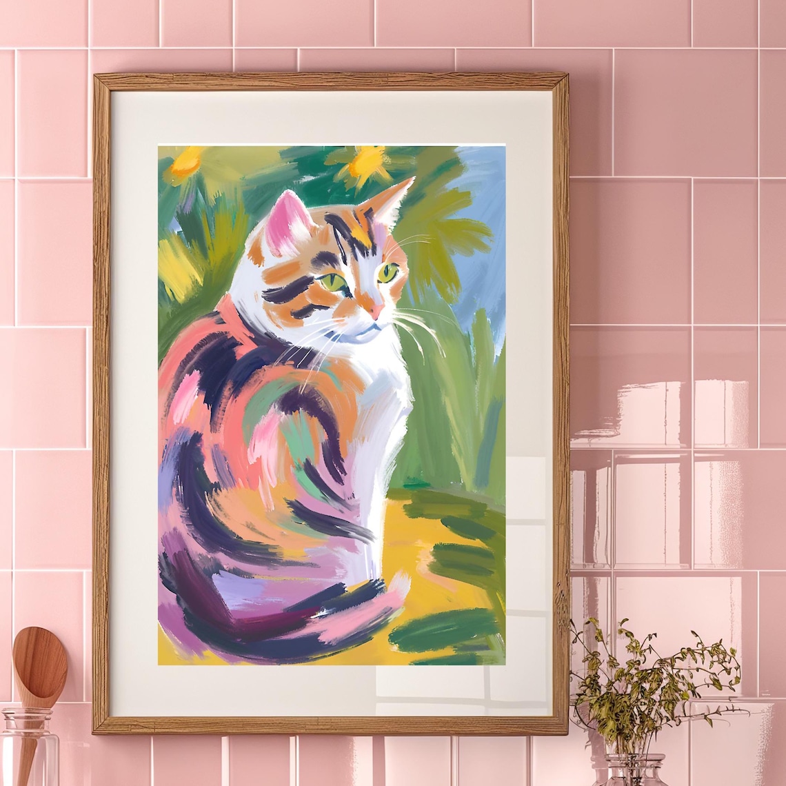 Tabby Cat Floral Art Print, Vintage Style Home Decor