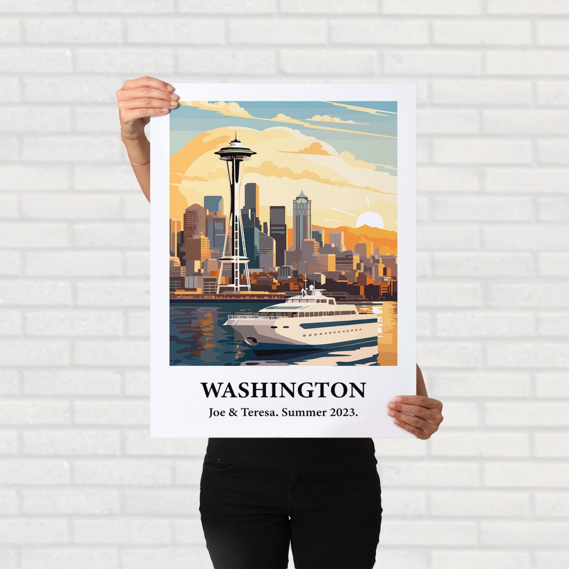 Washington Seattle Space Needle Ferry Sunset Vintage Travel Poster - Image 2