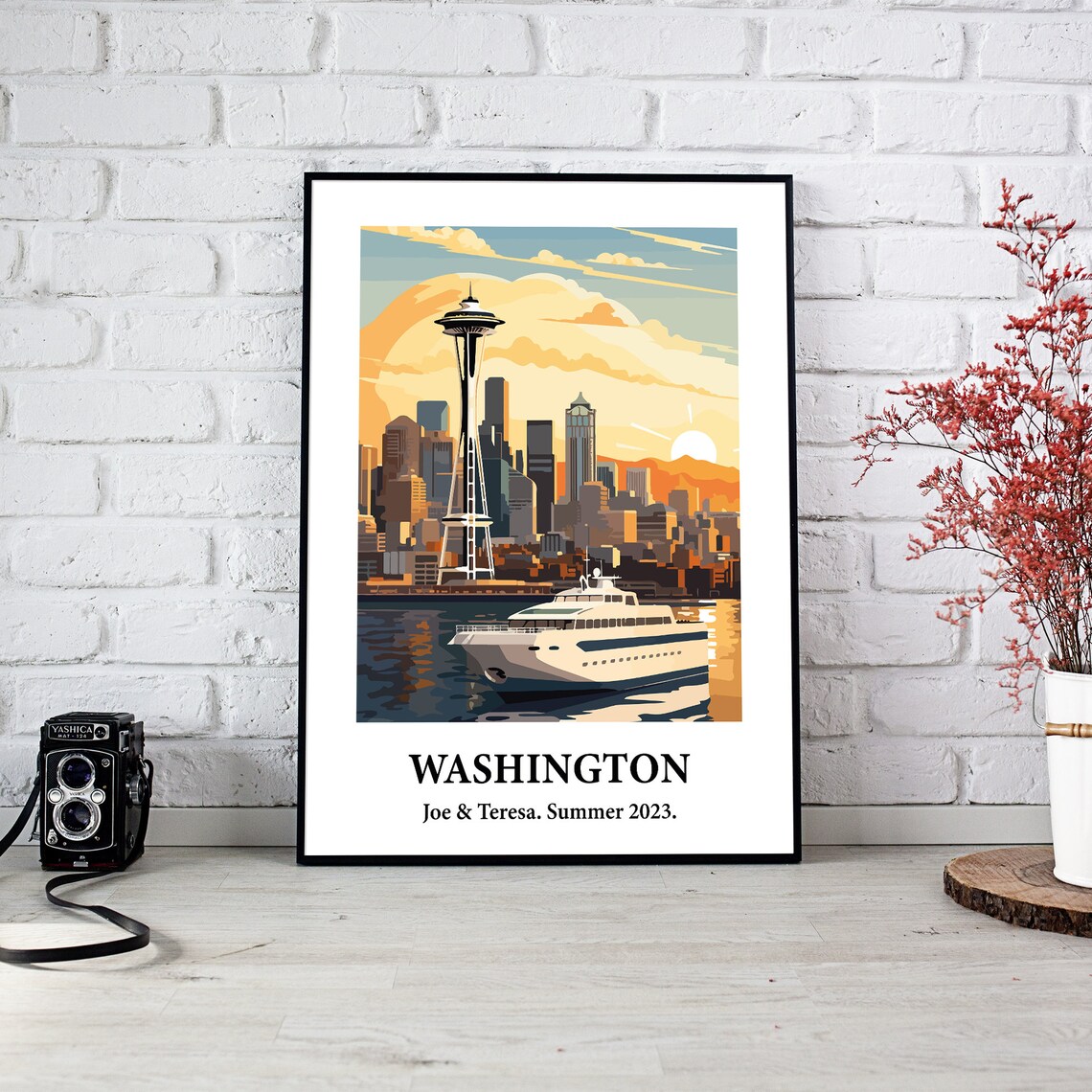 Washington Seattle Space Needle Ferry Sunset Vintage Travel Poster