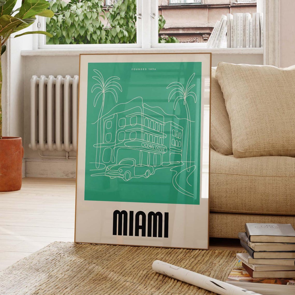Miami Ocean Drive Green Line Art Deco Palm Poster Founded 1896