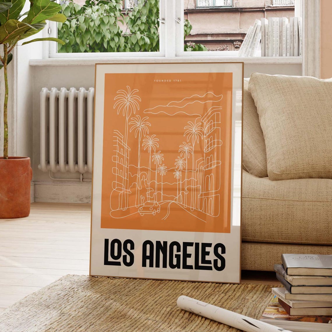 Los Angeles City Orange Line Art Palm Trees Minimalist Poster