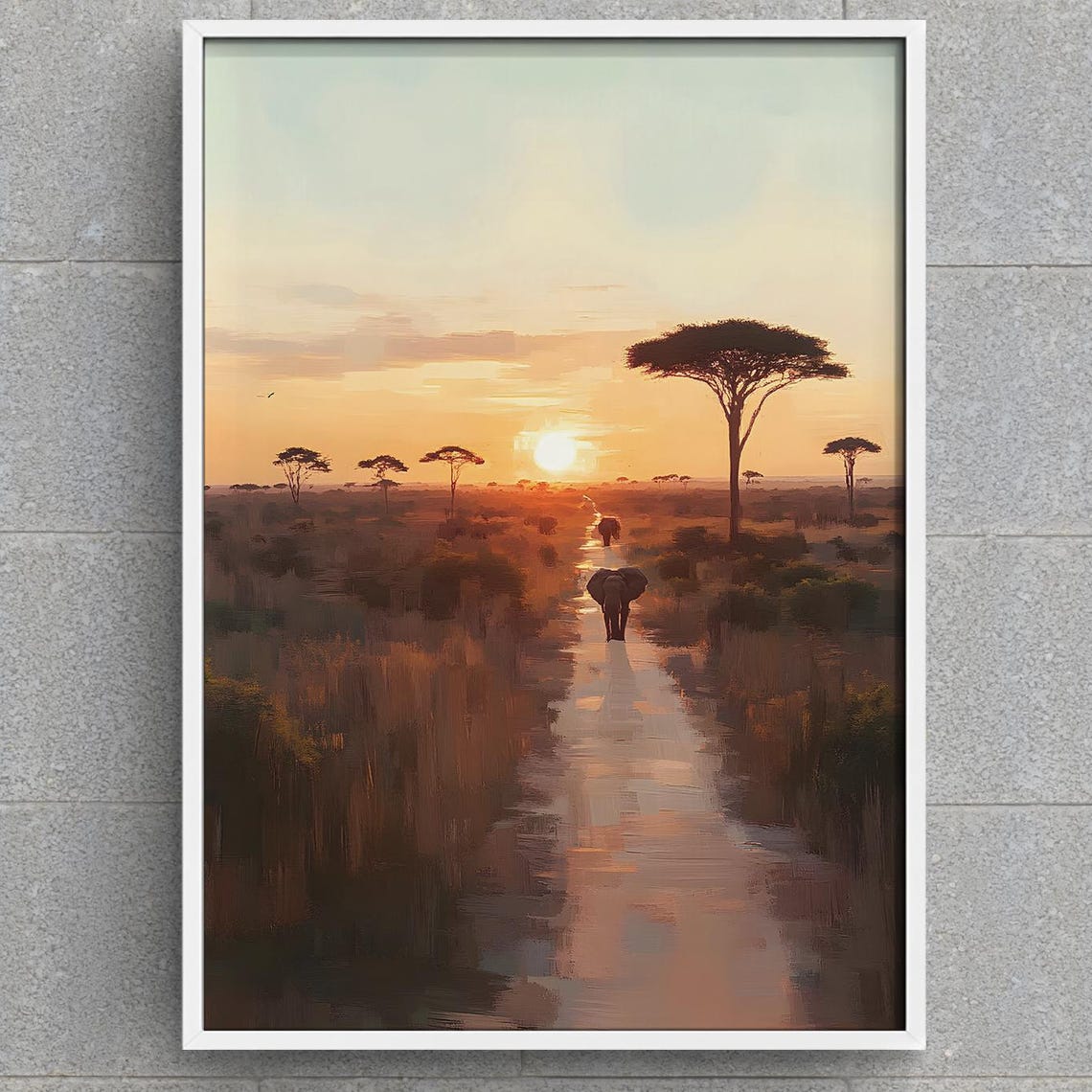 African Sunset Elephant Wall Art Safari Landscape Print Acacia Tree Decor Wildlife Home