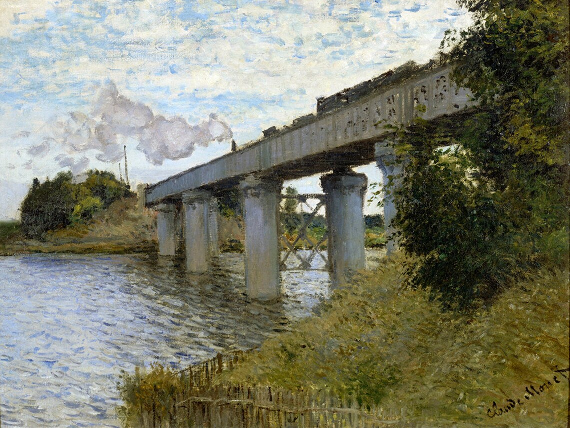 Claude Monet The Railroad Bridge at Argenteuil Steam Train Scene Poster