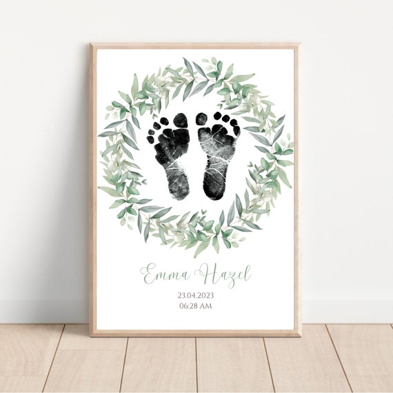 Custom Watercolor Sage Wreath Newborn Footprint Art Print