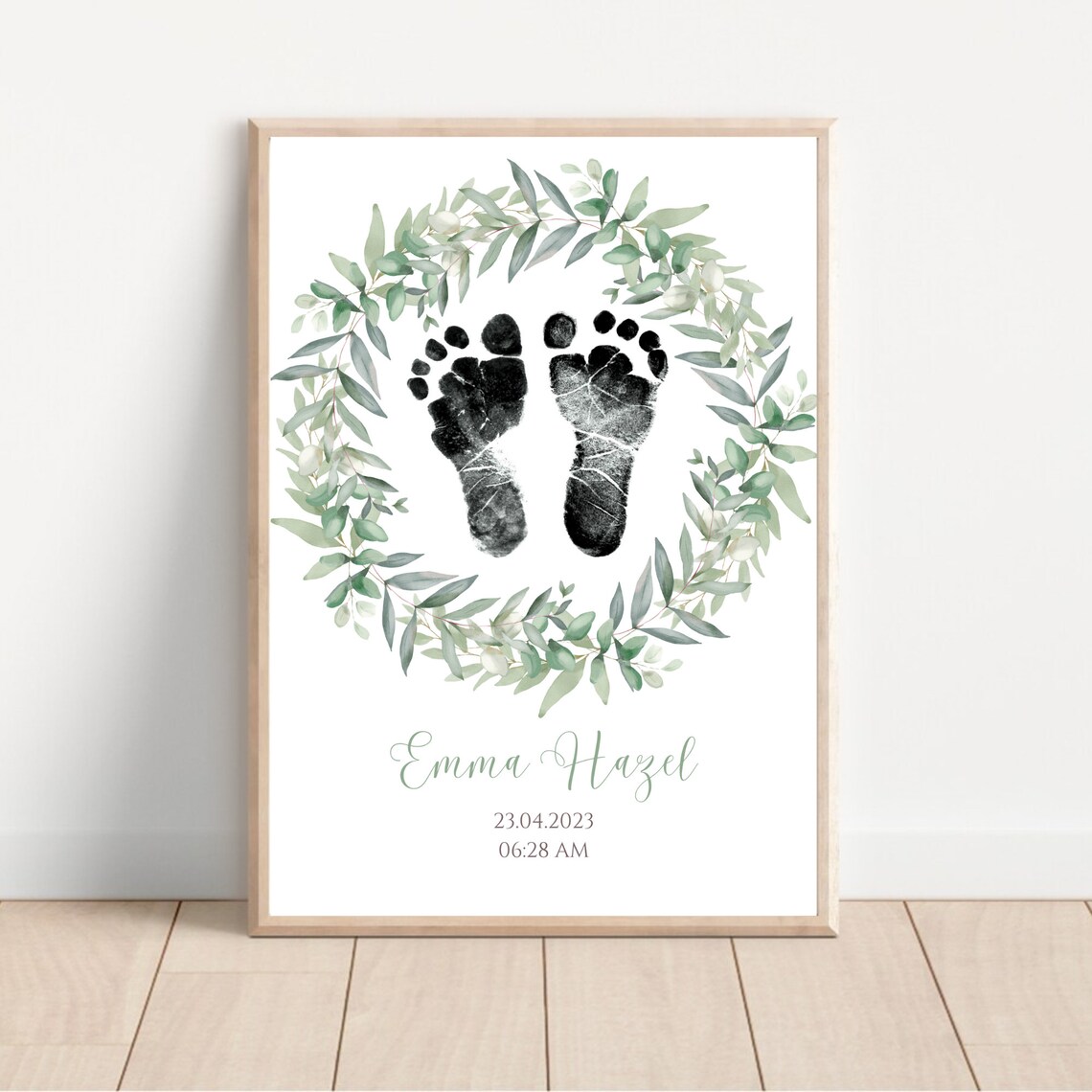 Custom Watercolor Sage Wreath Newborn Footprint Art Print