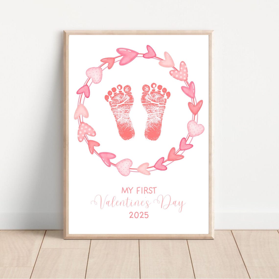 My First Valentines Day Red Footprint Pink Heart Wreath Keepsake Print - Image 2