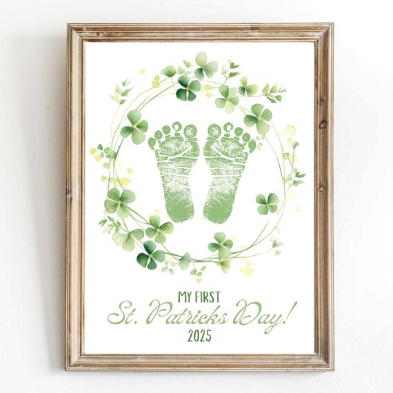 My First St Patricks Day Green Footprint Shamrock Wreath Keepsake Print