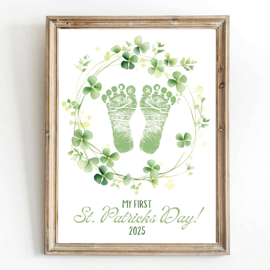 My First St Patricks Day Green Footprint Shamrock Wreath Keepsake Print