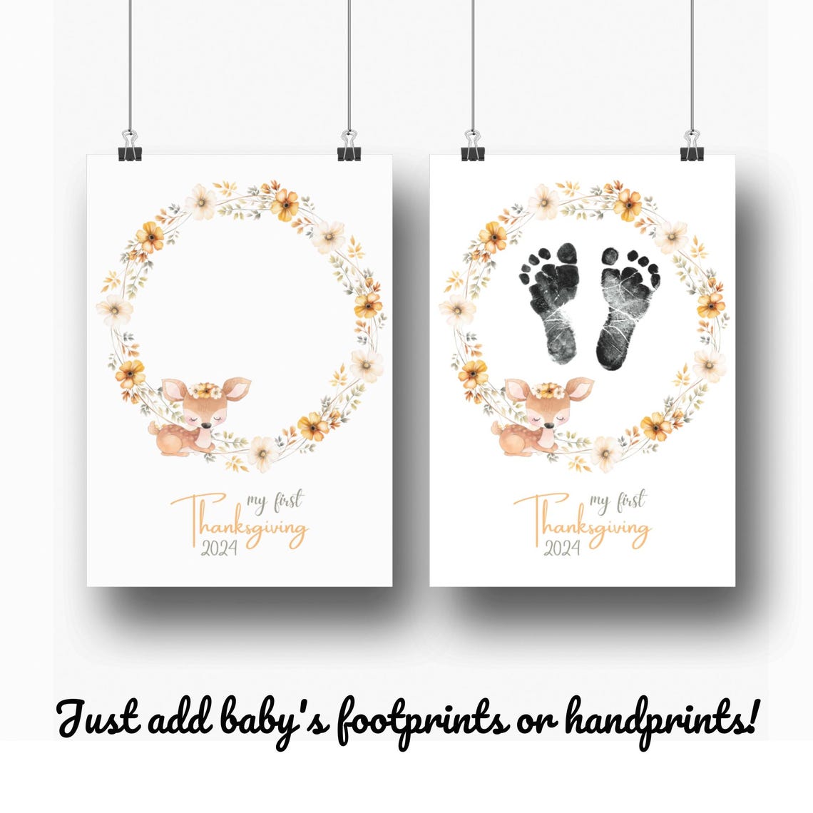 Baby Footprint First Thanksgiving Fawn Floral Wreath Keepsake Poster - Image 3