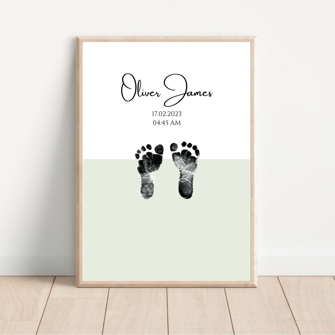 Personalized Minimal Baby Footprint Birth Print Sage Green Wall Art