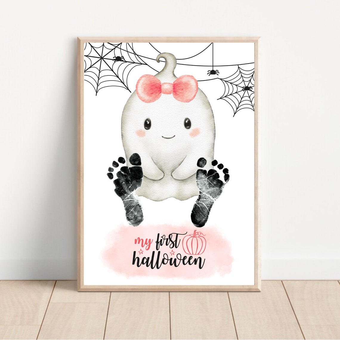 Baby Footprint First Halloween Cute Ghost Bow Keepsake Poster - Image 2