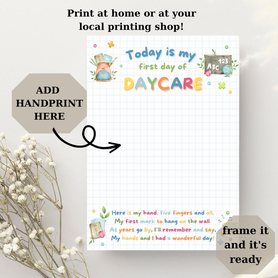 First Day Of Daycare Handprint Keepsake Poem Printable Wall Art Poster - Image 3