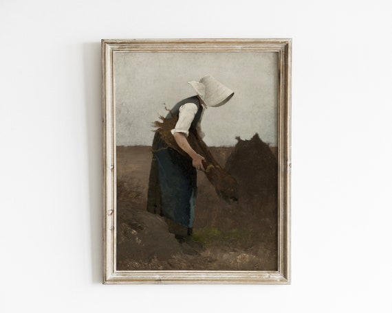 Vintage Farmhouse Painting Vintage Autumn Wall Decor Moody Fall Art Prints Woman Oil Painting Print Antique Farming Wall Art Prints