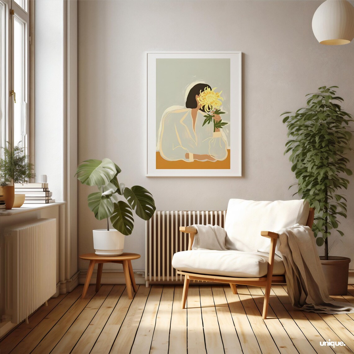 Abstract Wall Art The Chrysanthemum Print Home Decor Modern Art Print Of Woman In A Blouse And Dark Hair Hiding Behind A Flower In Yellow - Image 2