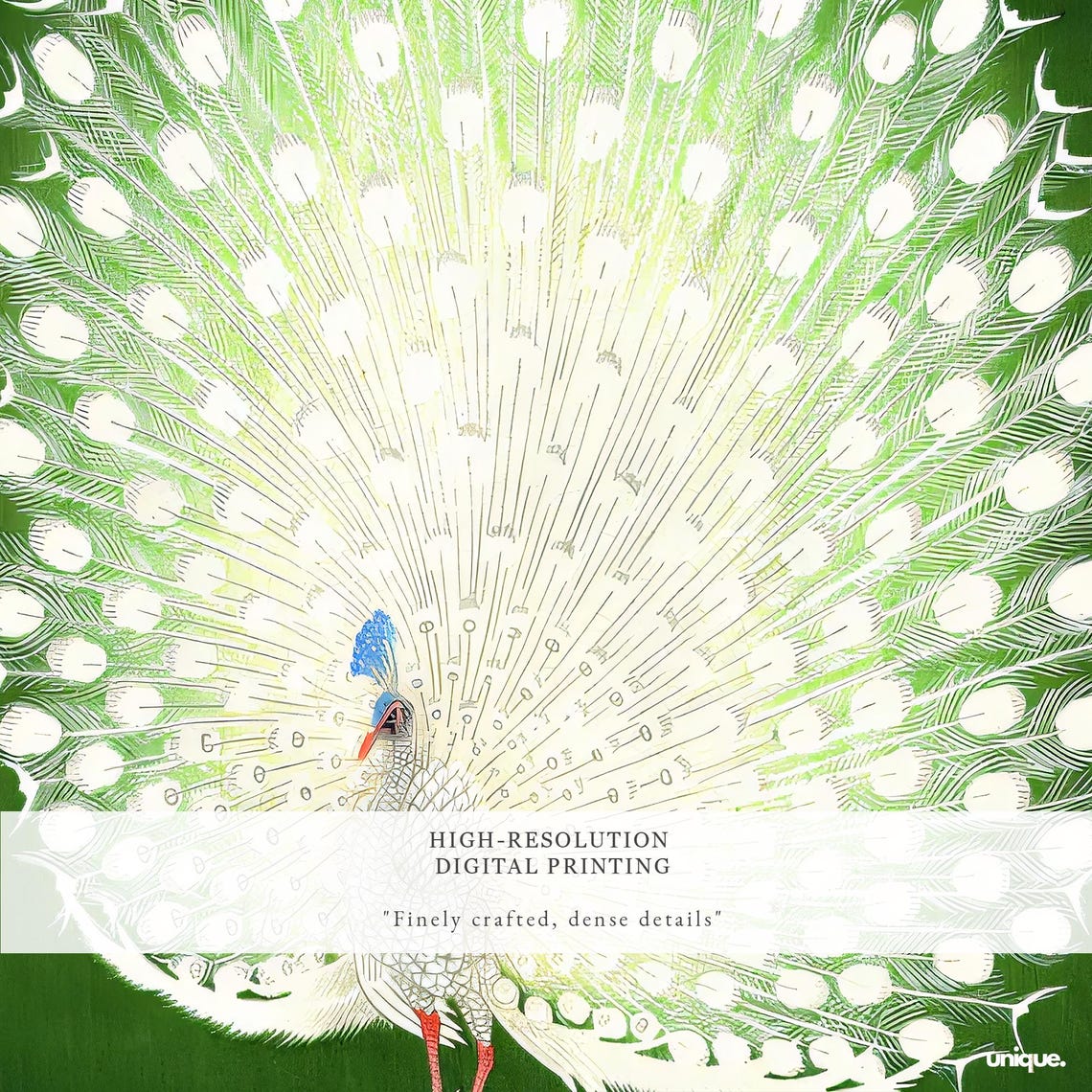 White Peacock Fanned Tail Japanese Green Background Art Poster - Image 2