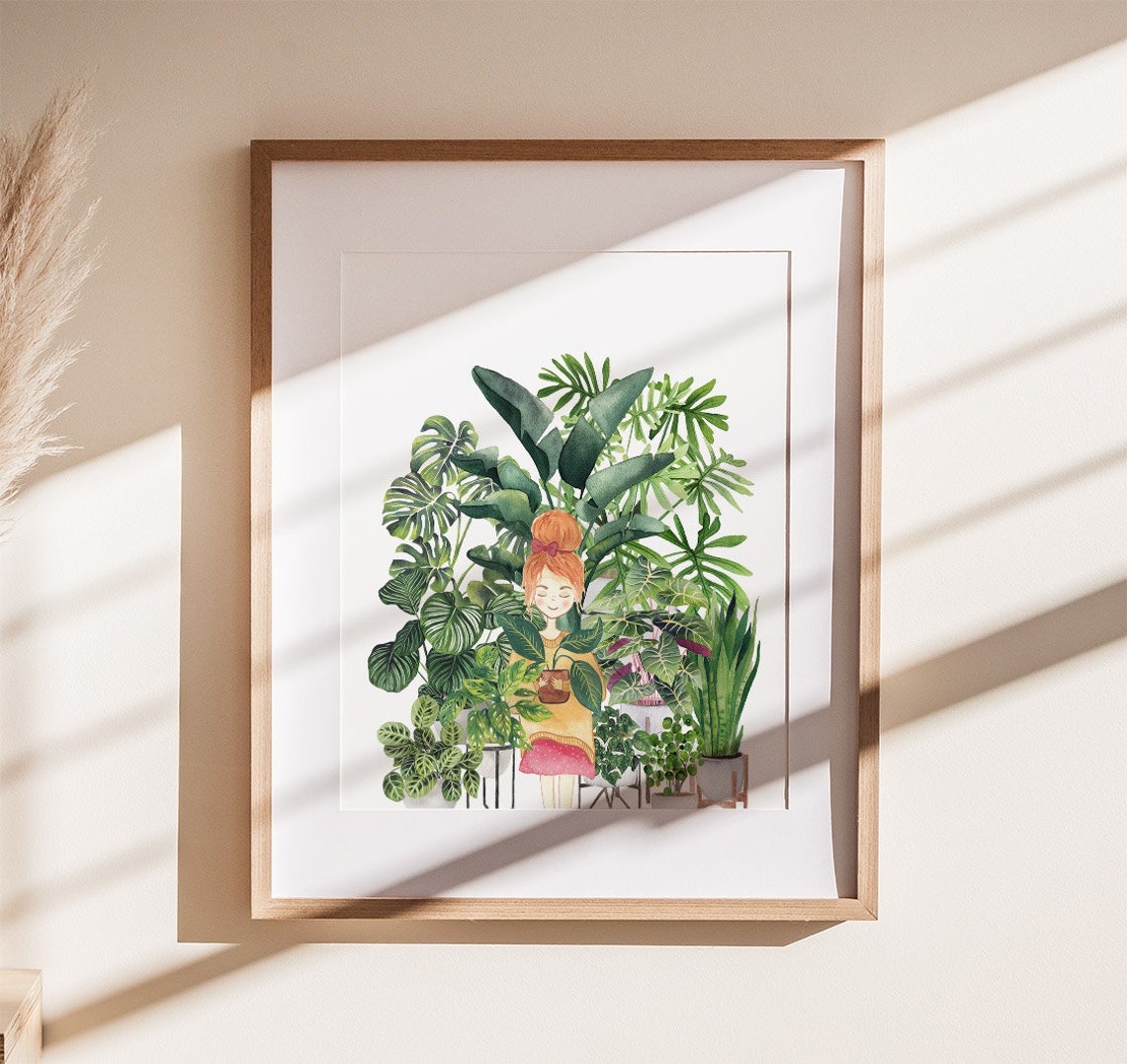 Plant Lady With Houseplants Print Red Haired Girl Illustration