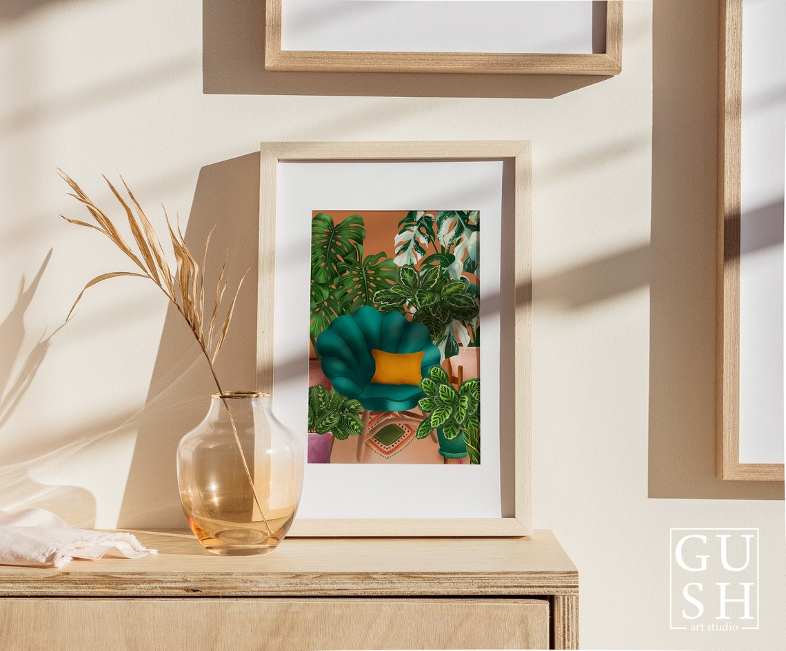 Teal Scallop Chair with Mustard Cushion in a Plant Room Poster - Image 3