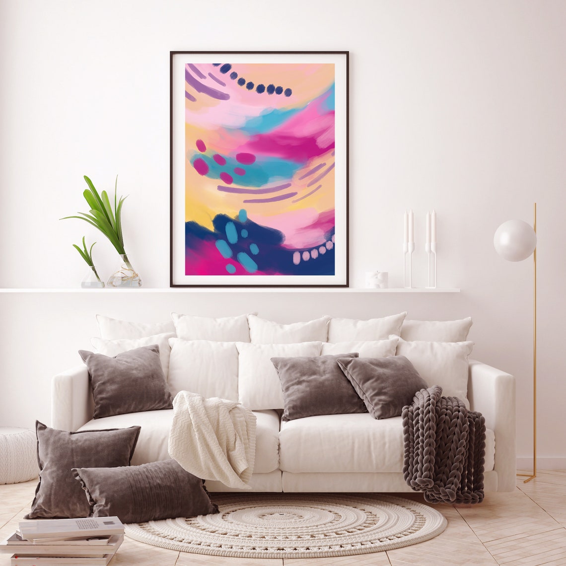 Pink Blue Yellow Waves Colour Flow Modern Abstract Art Poster - Image 2