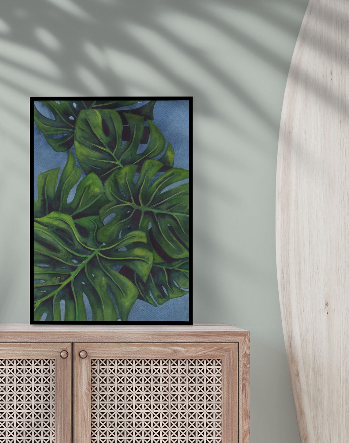 Monstera Deliciosa Leaves Watercolor on a Soft Blue Background Poster - Image 2