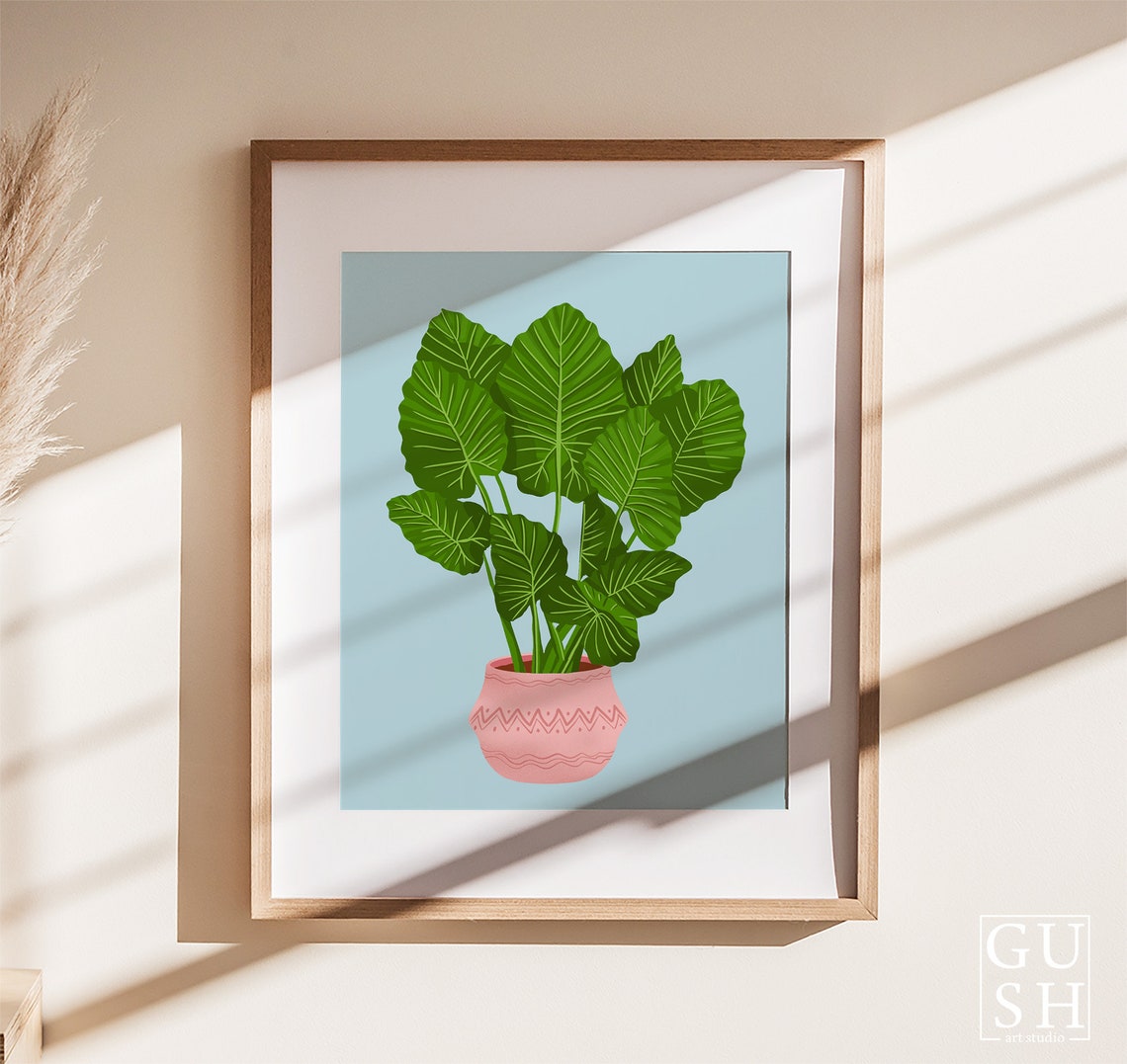 Philodendron Plant Print White Veined Leaves Light Blue Background - Image 3