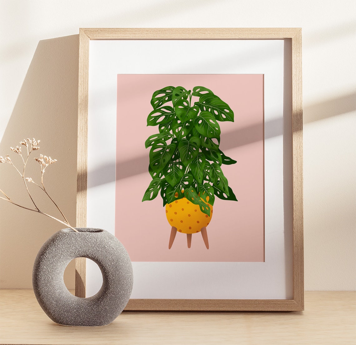 Monstera Adansonii Poster Yellow Dotted Pot Blush Pink Background - Image 2