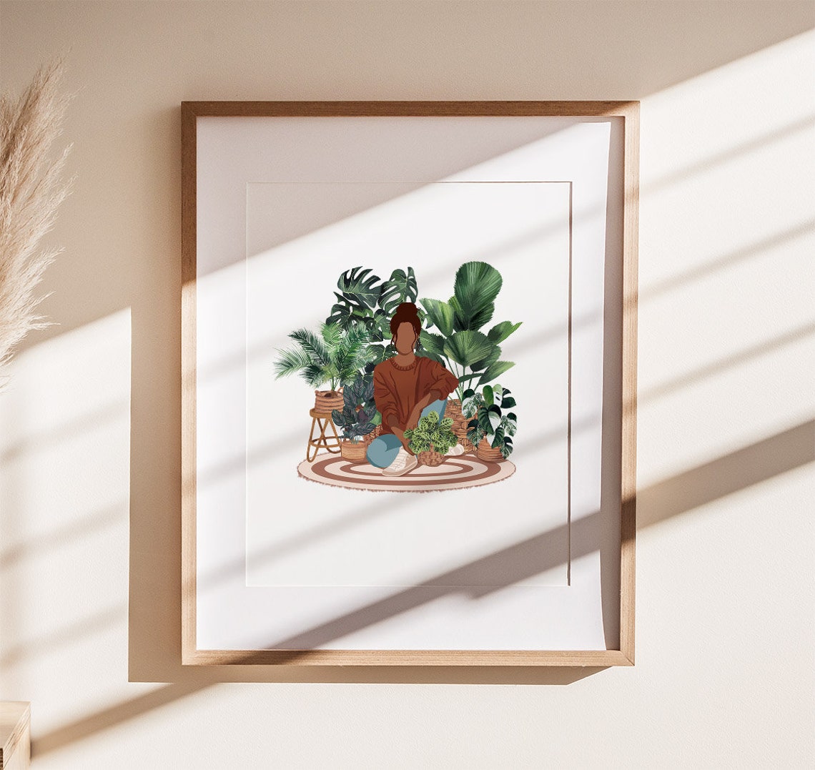 Plant Lady Sitting On Rug Print Dark Haired Woman Houseplants