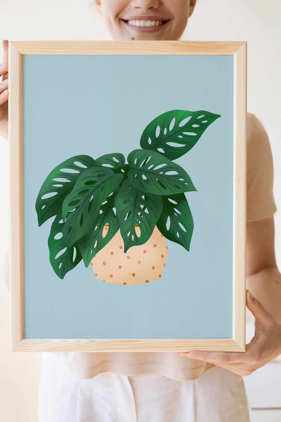 Monstera Adansonii Print Peach Dotted Pot Light Blue Background - Image 3