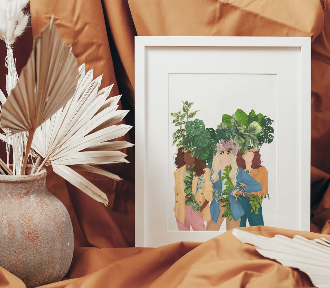 Three Fashion Women Leaf Heads Pink Bow Botanical Group Poster - Image 3