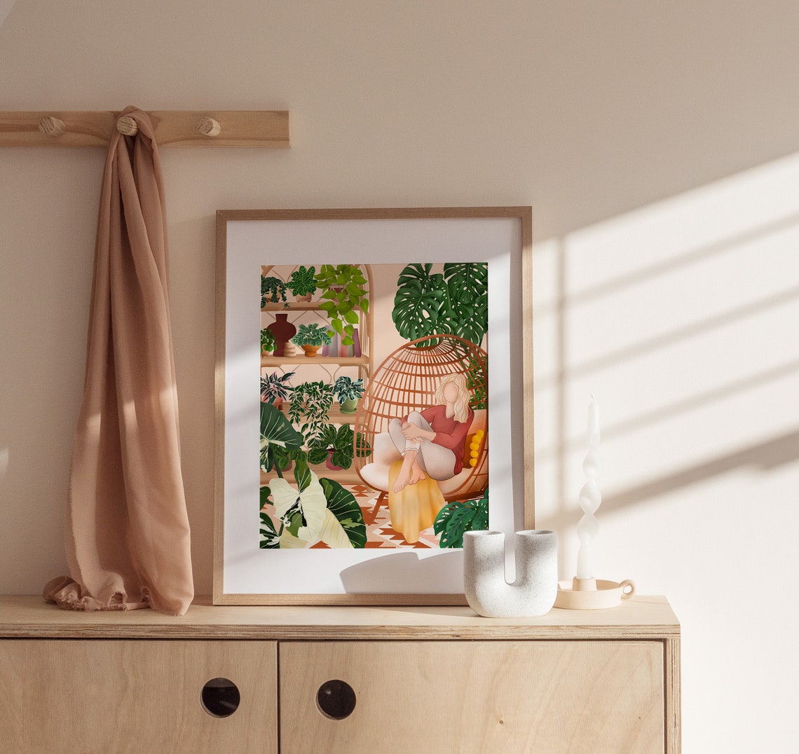Plant Lady Relaxing in a Rattan Egg Chair Surrounded by Plants Poster - Image 3
