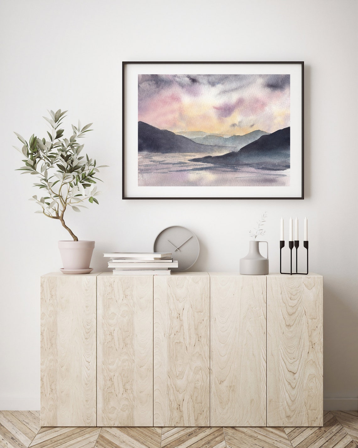 Misty Purple Mountain Lake Poster Soft Watercolor Landscape Scene - Image 2