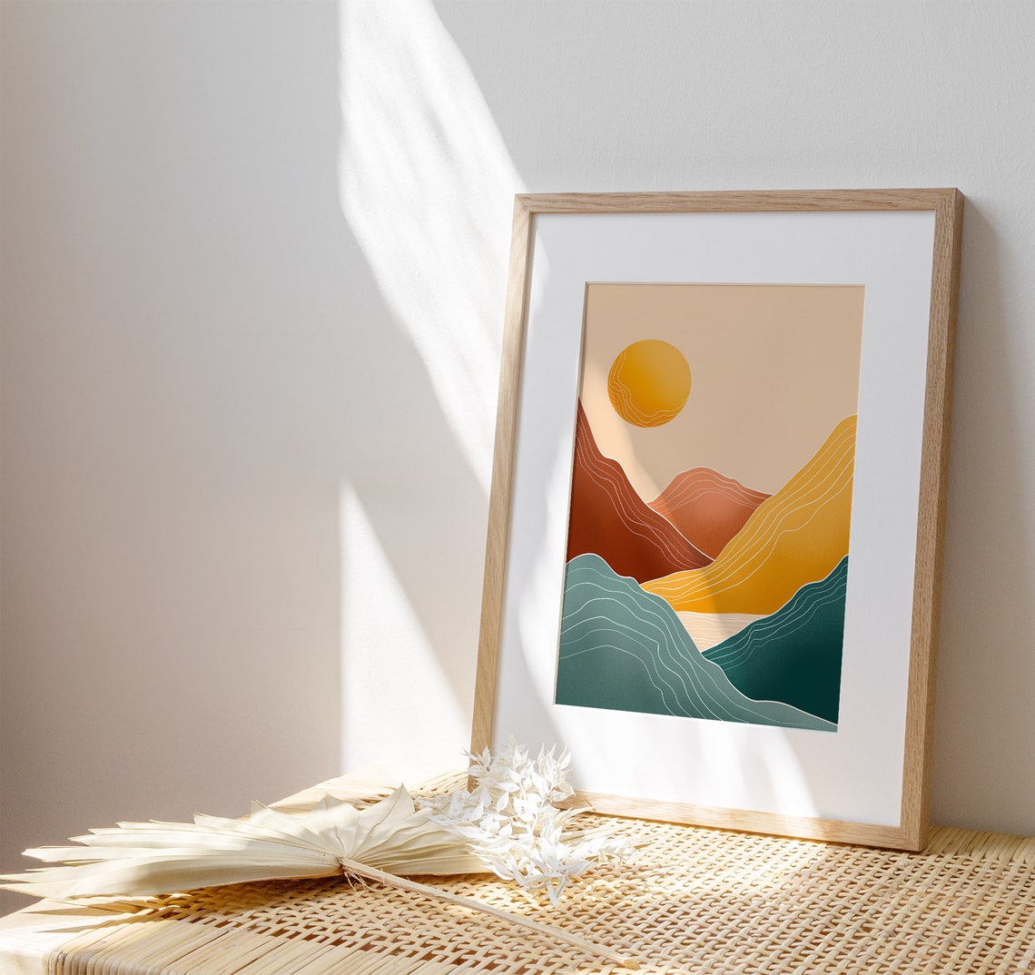 Rust And Teal Mountain Ridges At Sunset Boho Landscape Poster - Image 2
