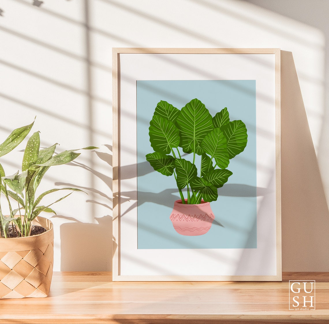 Philodendron Plant Print White Veined Leaves Light Blue Background