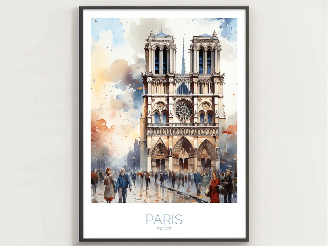 Notre Dame Cathedral Front View Watercolor Paris France Poster